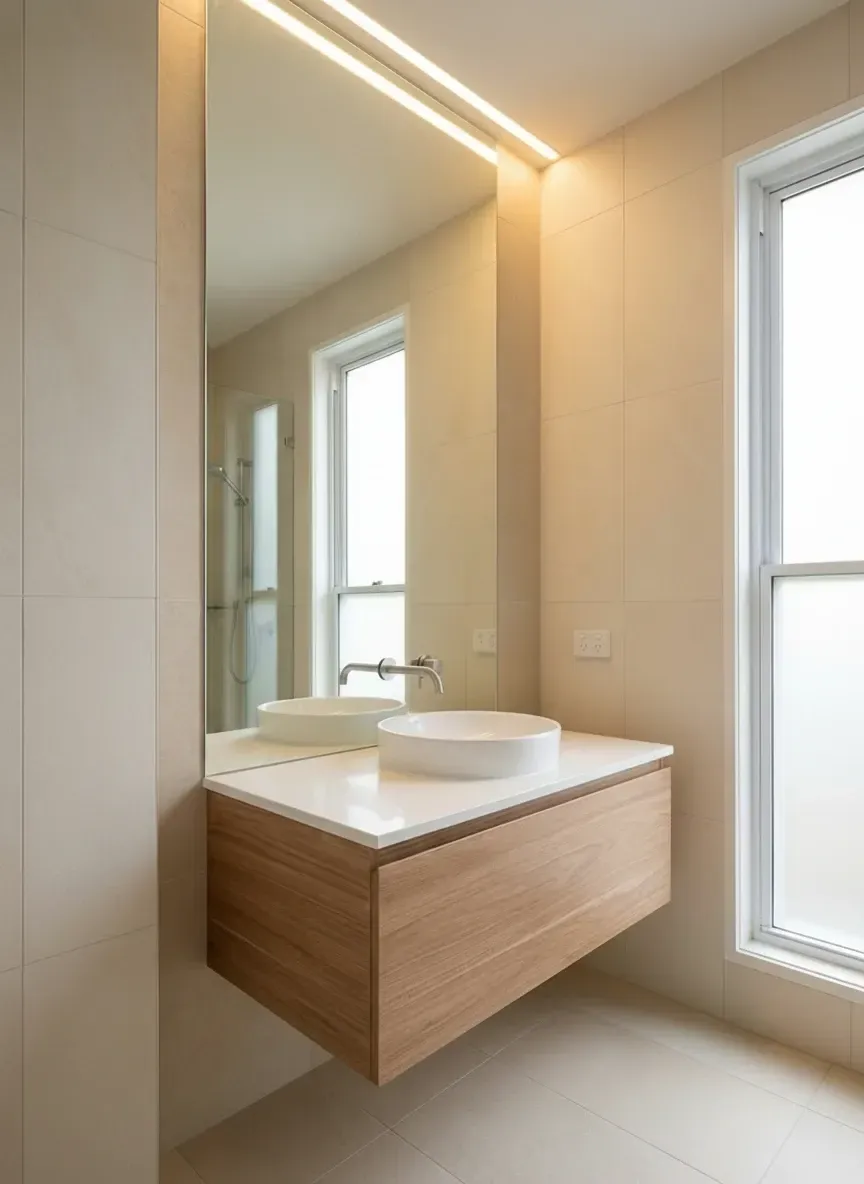 small South Brisbane bathroom with large frameless vanity mirror