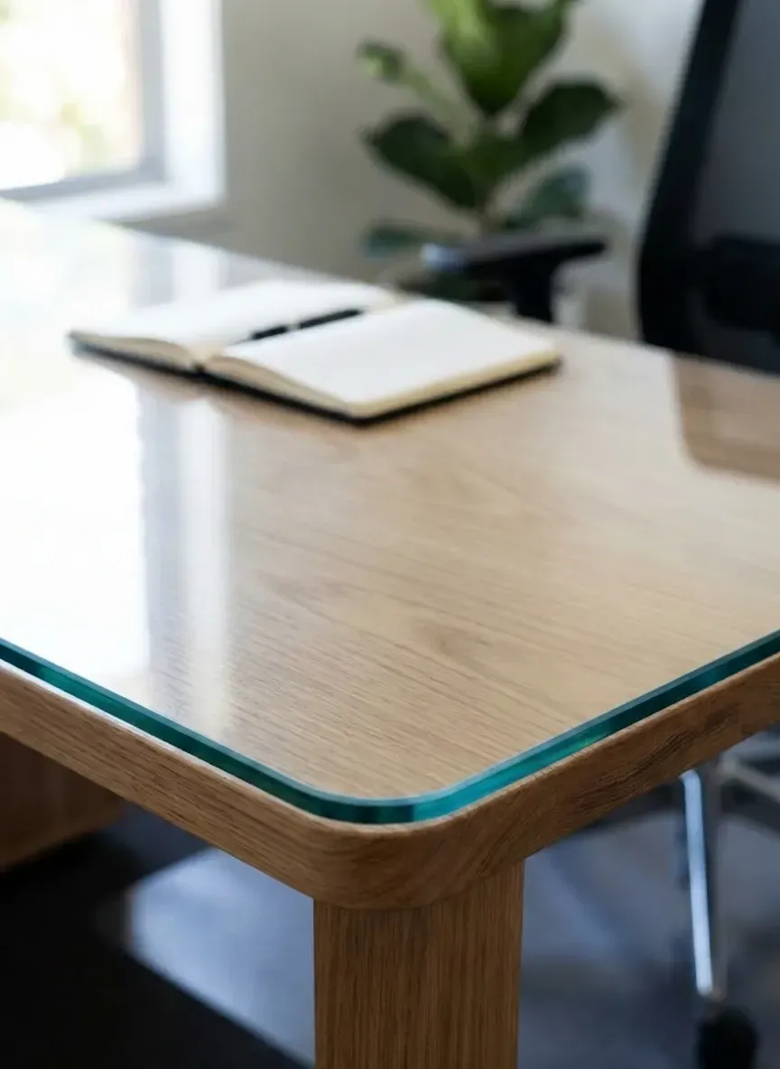 custom glass desk top with rounded corner radius for home office