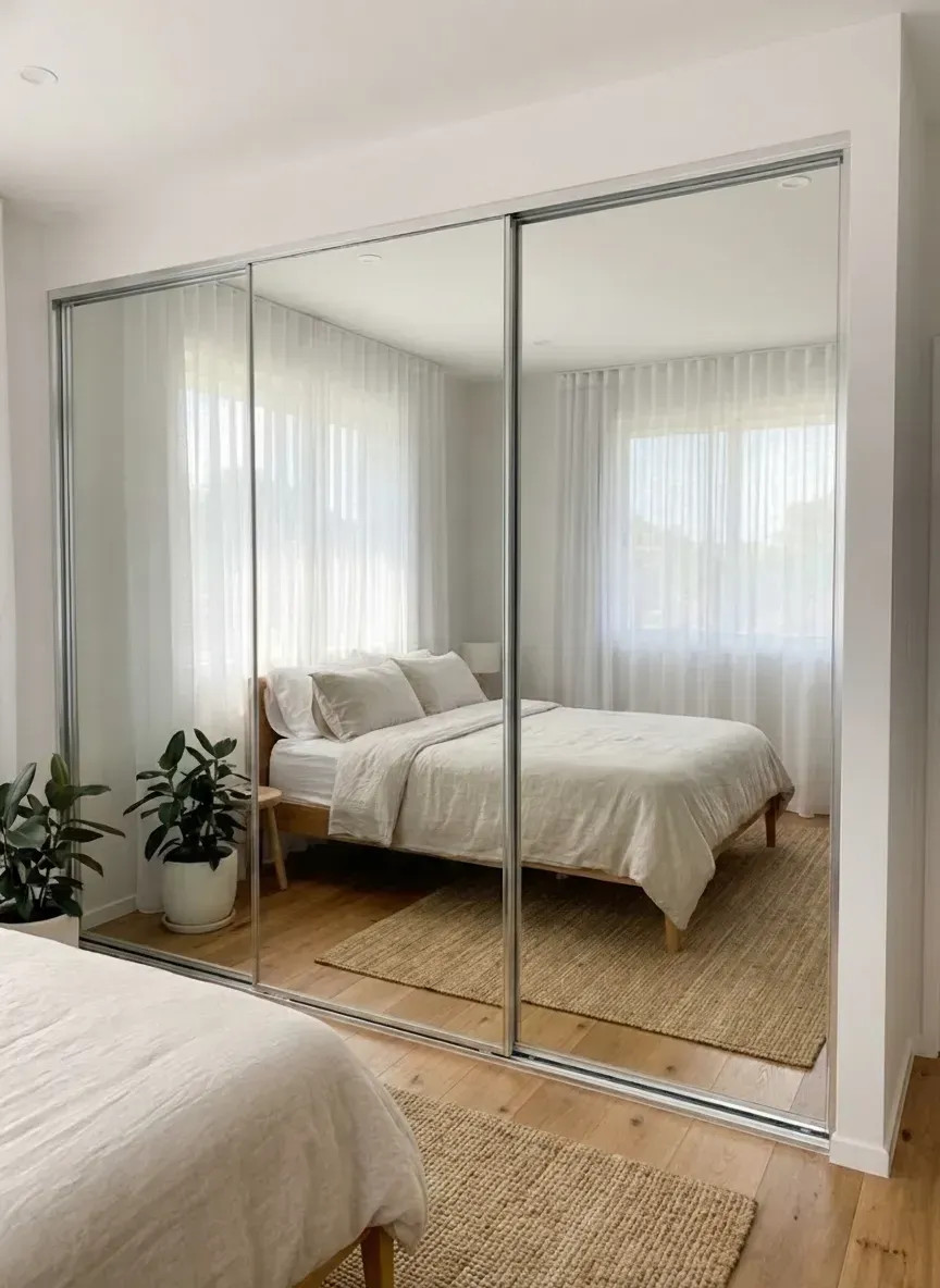 modern South Brisbane bedroom with frameless mirrored wardrobe doors
