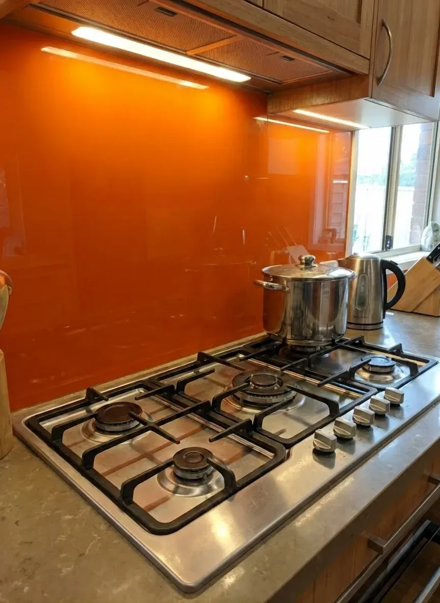 coloured glass splashback behind gas cooktop in South Brisbane home kitchen